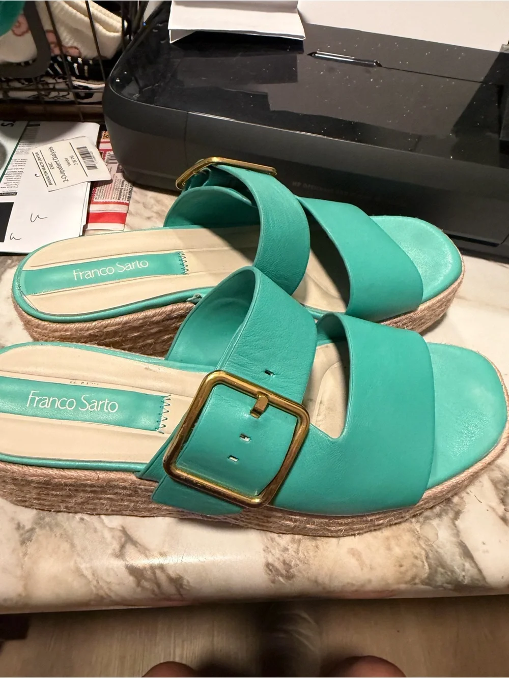 Franco Sarto Turquoise Espadrille Slide Sandals with Gold Buckle